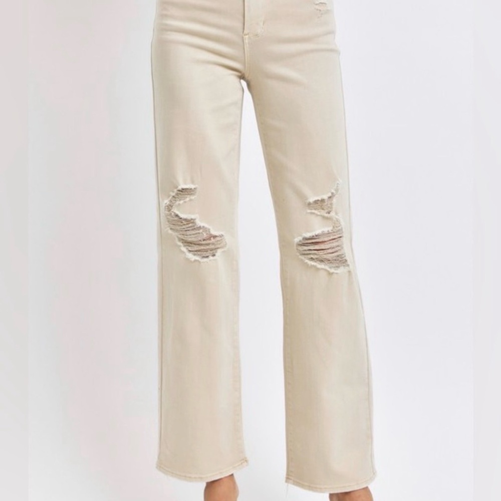 Judy Blue garment dyed ripped jeans, straight leg Bone color Plus size